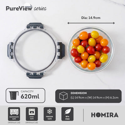 HOMIRA PureView Series Borosilicate Glass Food Container (370ml-2600ml)