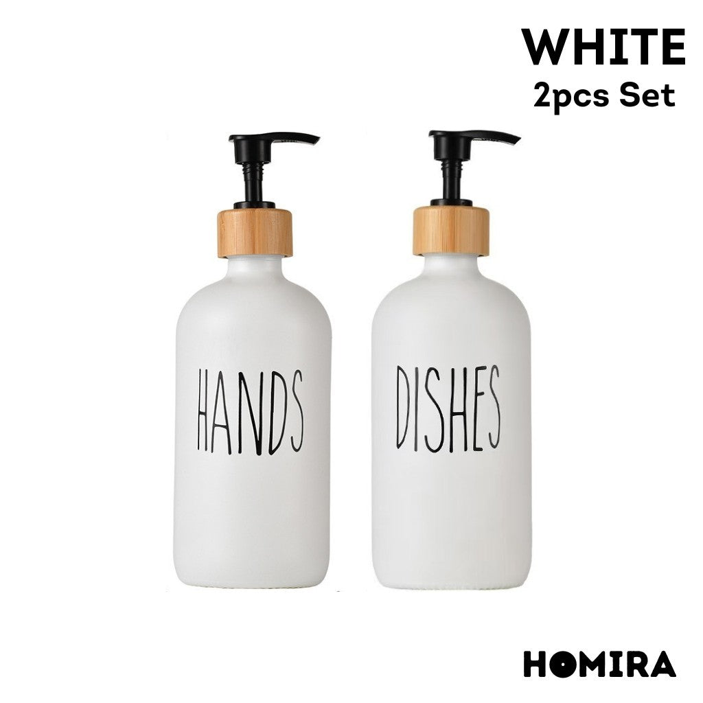 HOMIRA Refillable Glass Hand Soap & Dish Soap Dispenser with Bamboo Collar - 500ml