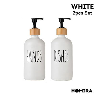 HOMIRA Refillable Glass Hand Soap & Dish Soap Dispenser with Bamboo Collar - 500ml