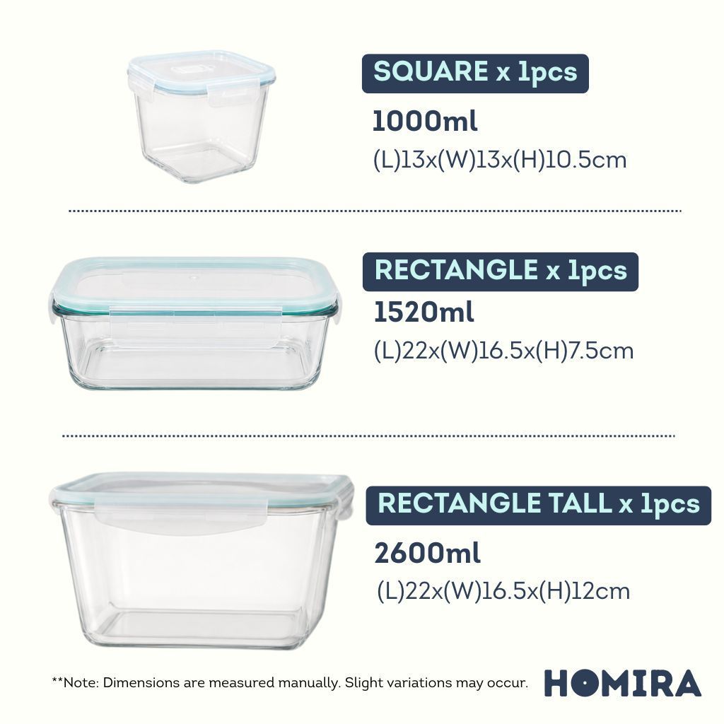 HOMIRA Classic Series Borosilicate Glass Food Container 3Pcs Set (1000ml/1520ml/2600ml)