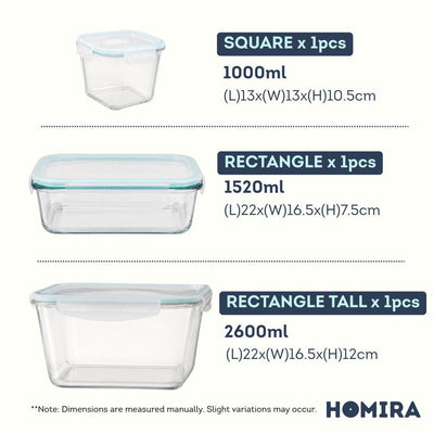 HOMIRA Classic Series Borosilicate Glass Food Container 3Pcs Set (1000ml/1520ml/2600ml)