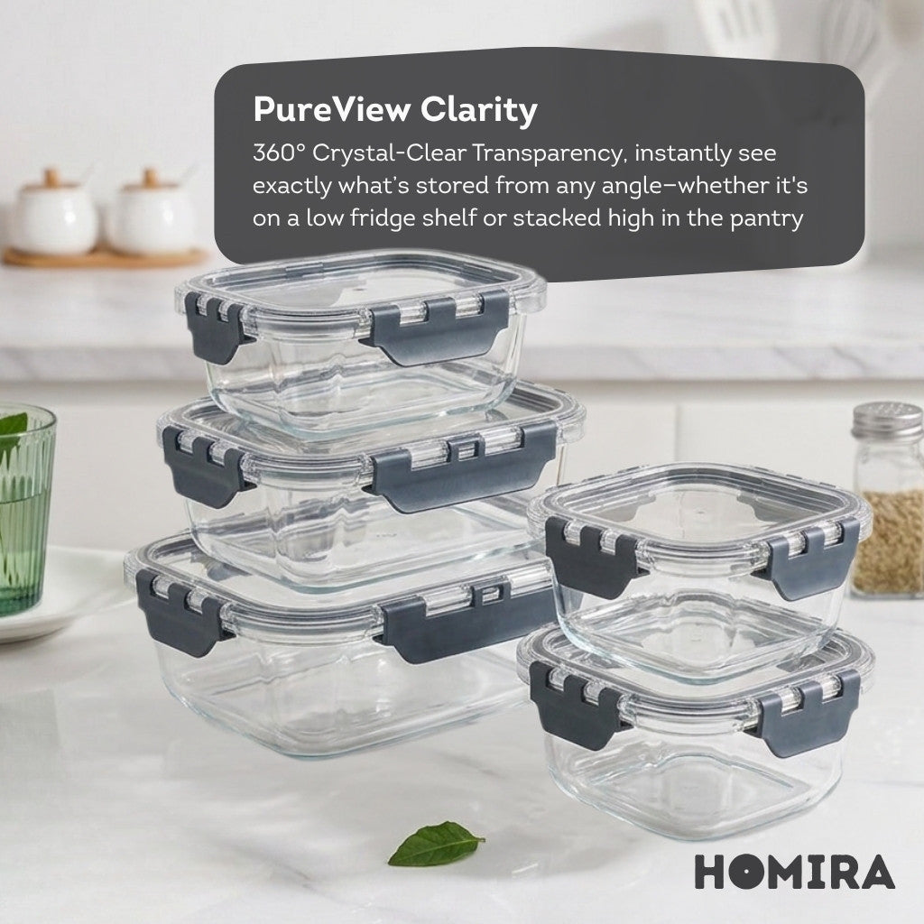 HOMIRA PureView Series Borosilicate Glass Food Container [10PCS Set]