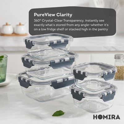 HOMIRA PureView Series Borosilicate Glass Food Container [10PCS Set]