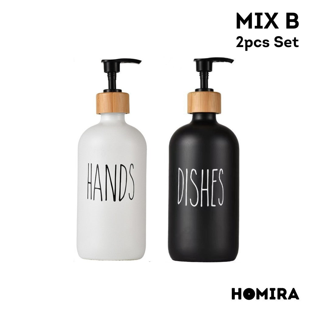HOMIRA Refillable Glass Hand Soap & Dish Soap Dispenser with Bamboo Collar - 500ml