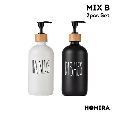HOMIRA Refillable Glass Hand Soap & Dish Soap Dispenser with Bamboo Collar - 500ml