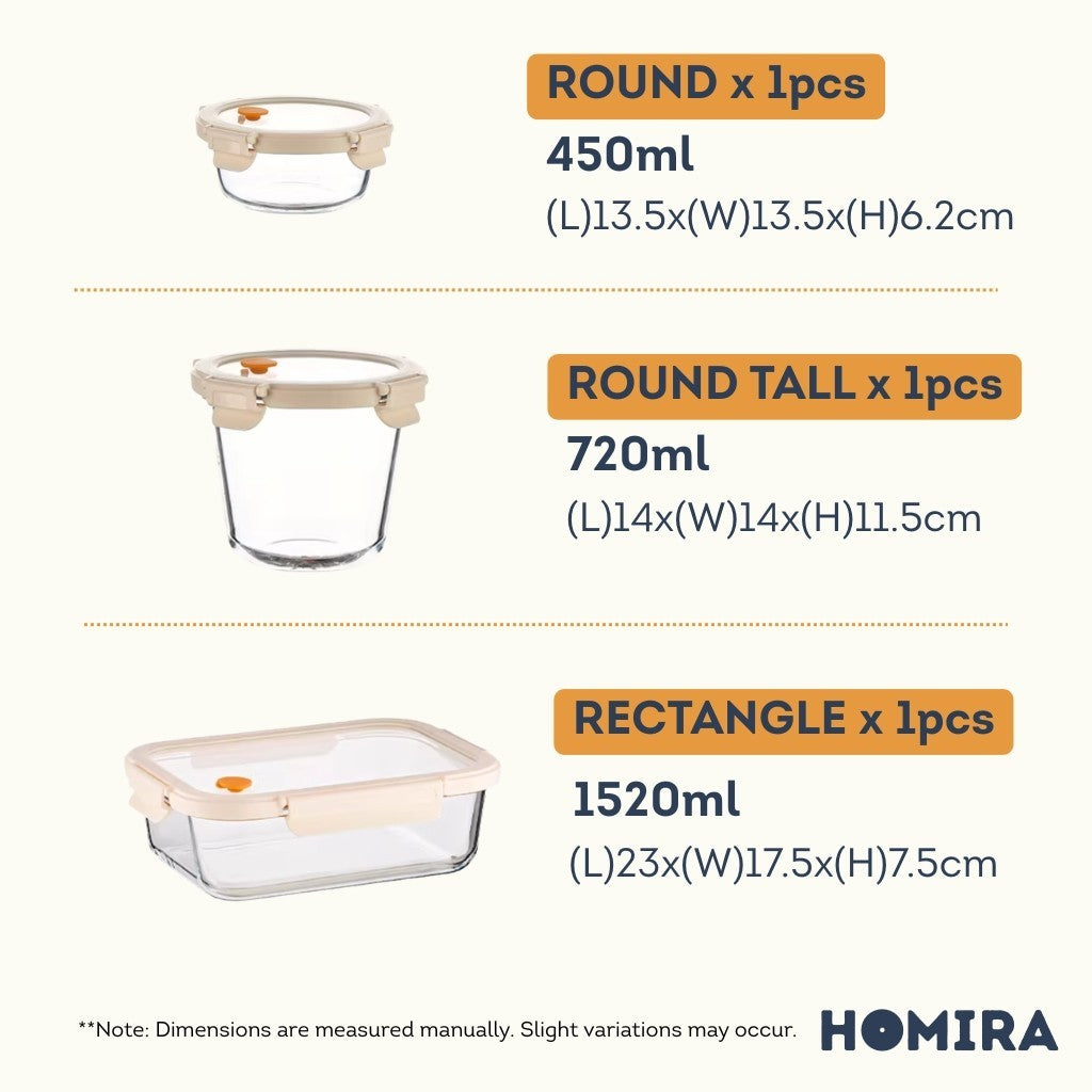 HOMIRA Signature Series Borosilicate Glass Food Container (3PCS Set)