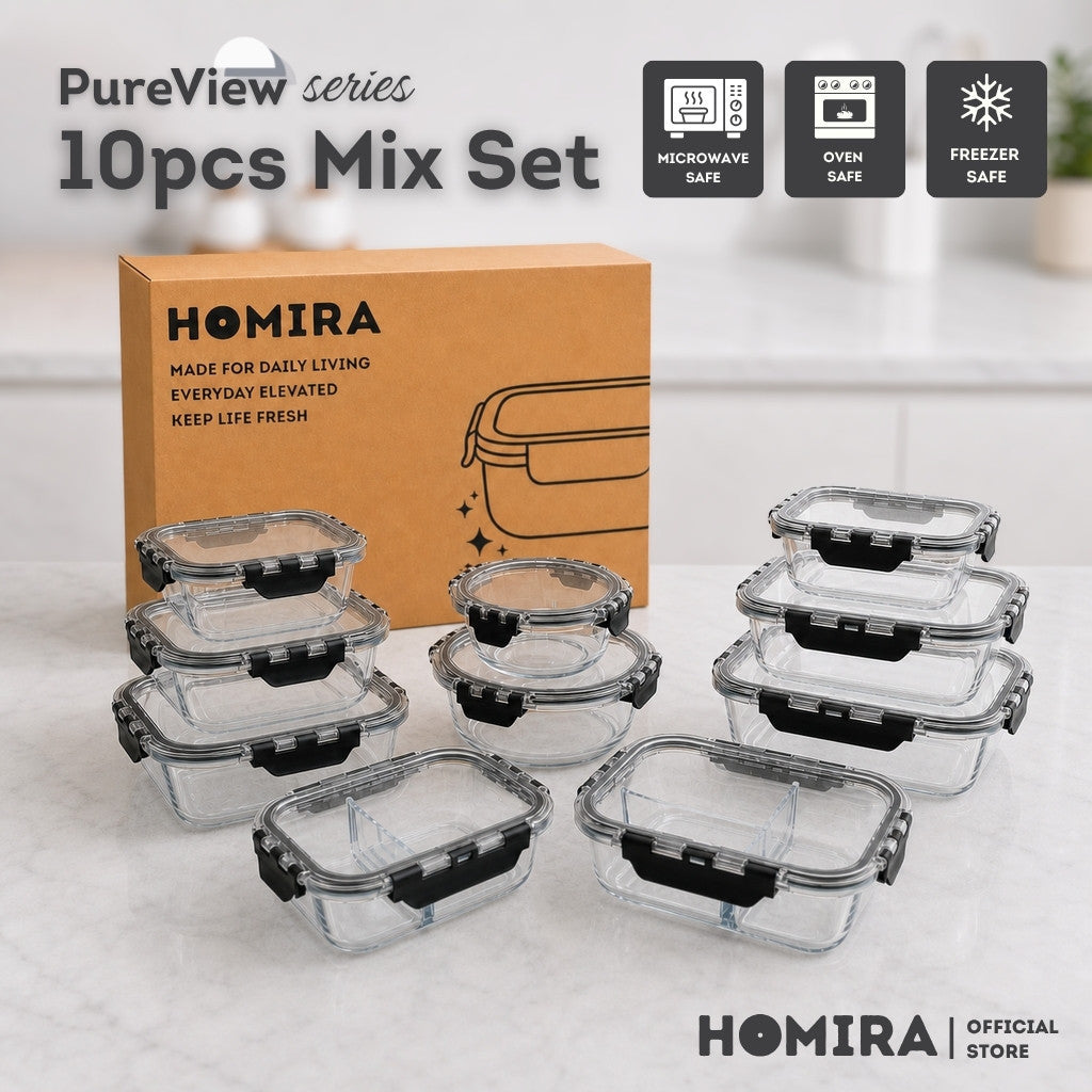 HOMIRA PureView Series Borosilicate Glass Food Container [10PCS Set]