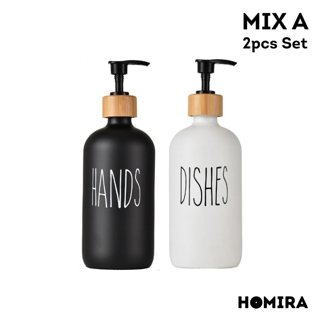 HOMIRA Refillable Glass Hand Soap & Dish Soap Dispenser with Bamboo Collar - 500ml