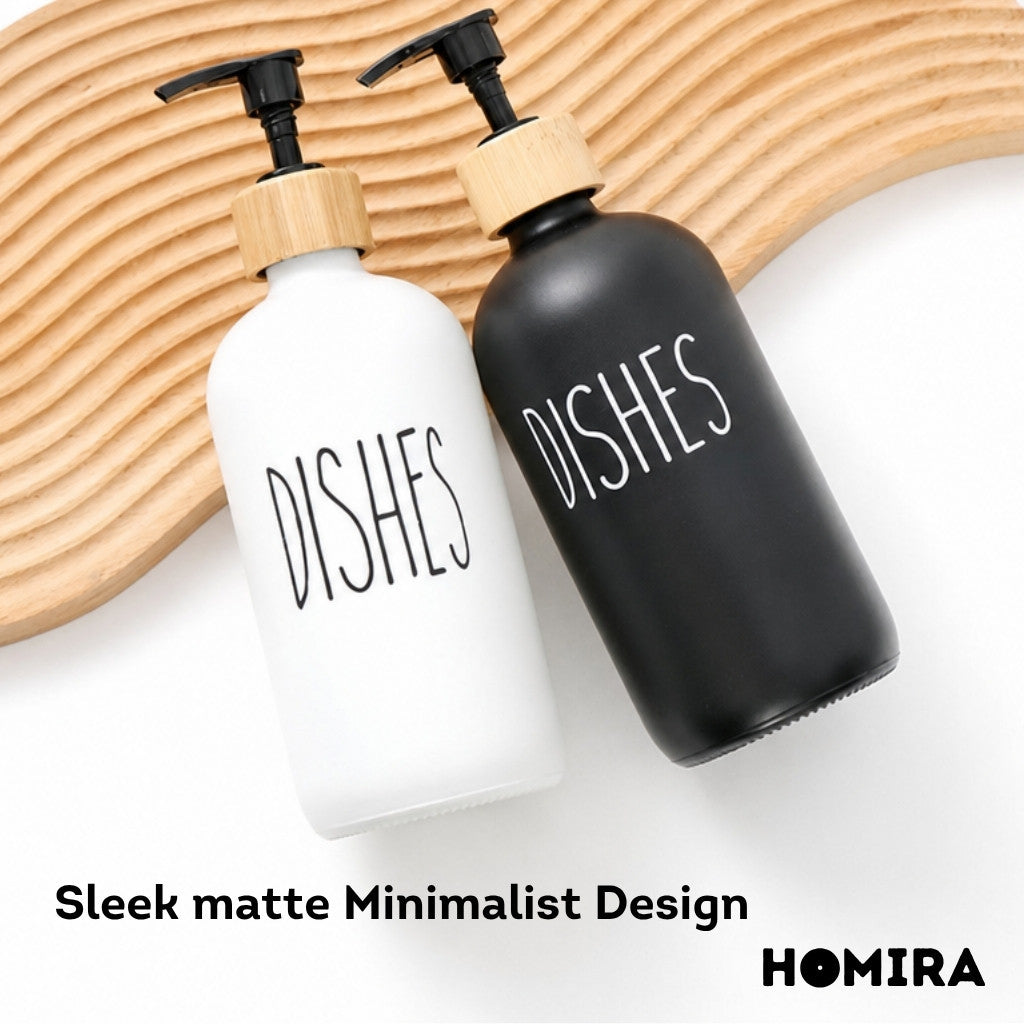 HOMIRA Refillable Glass Hand Soap & Dish Soap Dispenser with Bamboo Collar - 500ml