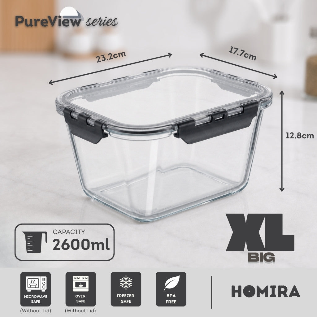 HOMIRA PureView Series Borosilicate Glass Food Container (370ml-2600ml)