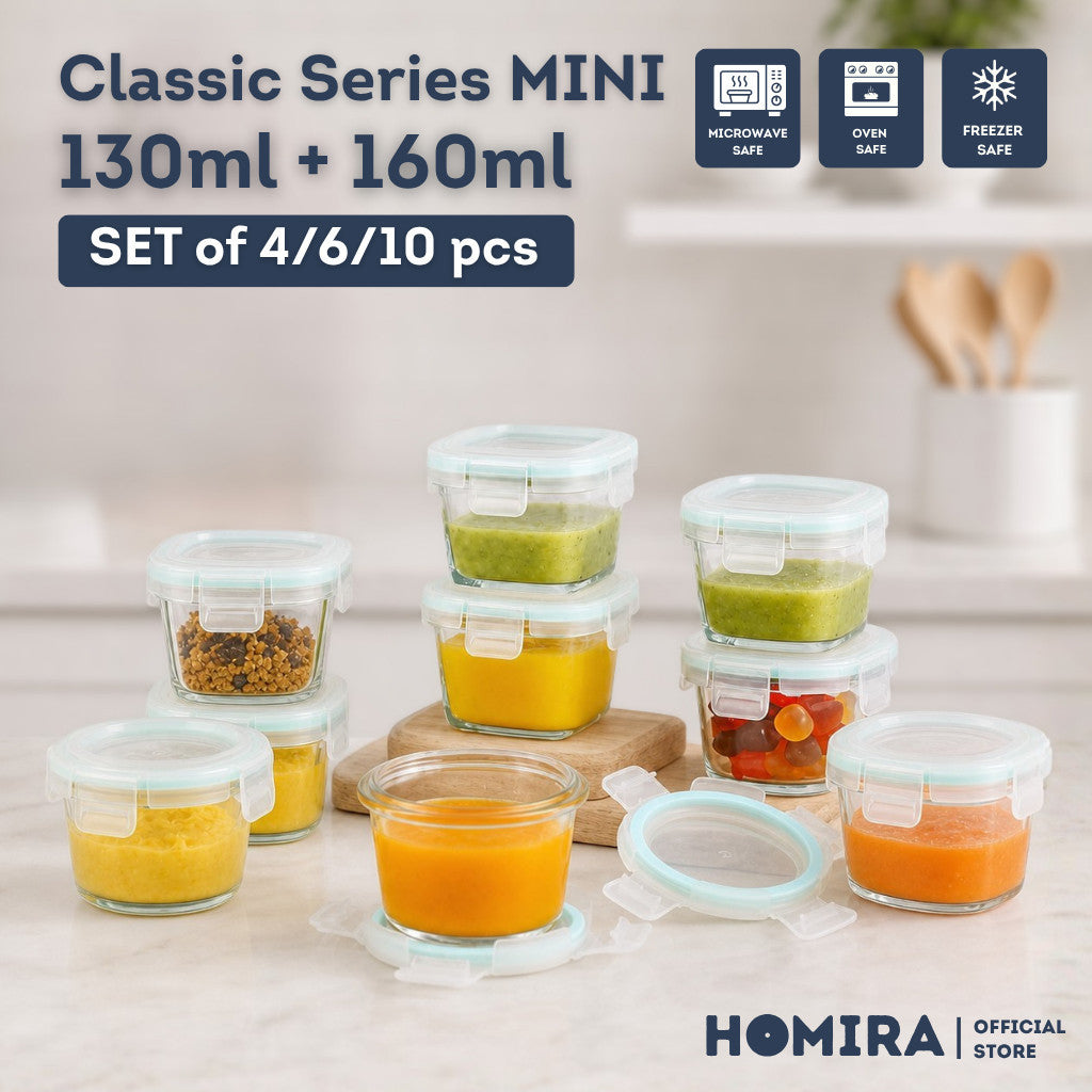 HOMIRA Classic Series Mini Borosilicate Glass Food Container Airtight Leakproof Food Container (Set of 4/6/10)