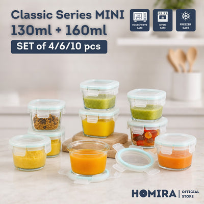HOMIRA Classic Series Mini Borosilicate Glass Food Container Airtight Leakproof Food Container (Set of 4/6/10)