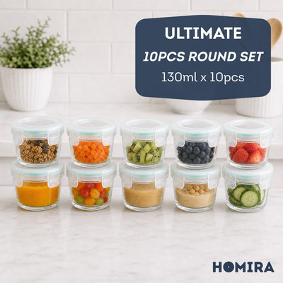 HOMIRA Classic Series Mini Borosilicate Glass Food Container Airtight Leakproof Food Container (Set of 4/6/10)