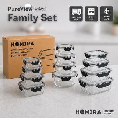 HOMIRA PureView Series Borosilicate Glass Food Container [Family Set]