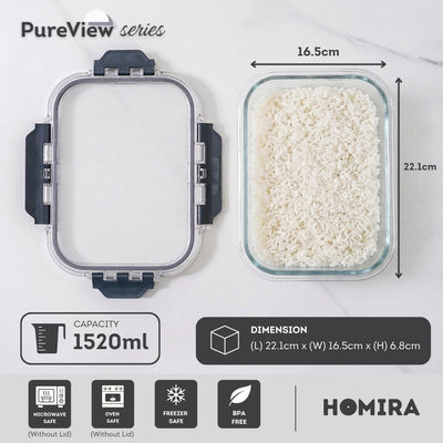 HOMIRA PureView Series Borosilicate Glass Lunchbox Food Container