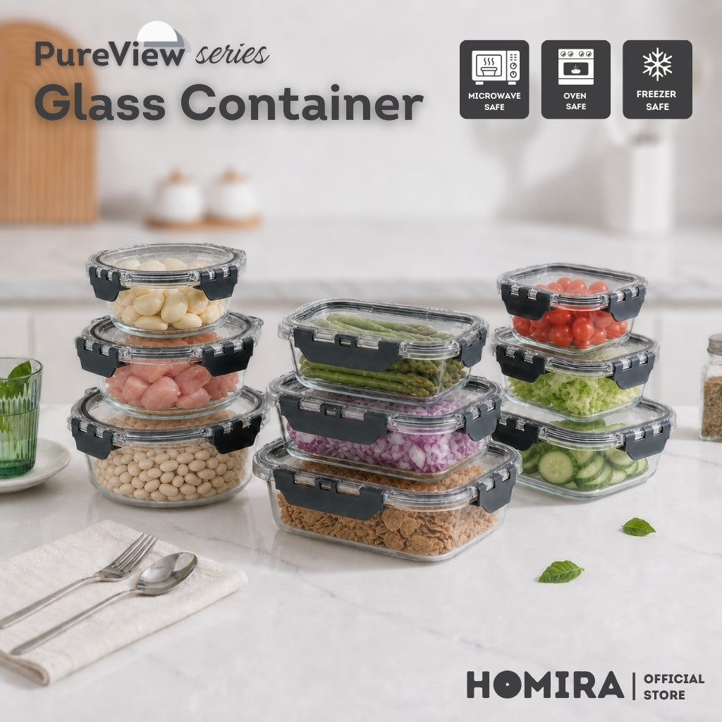 HOMIRA PureView Series Borosilicate Glass Food Container (370ml-2600ml)