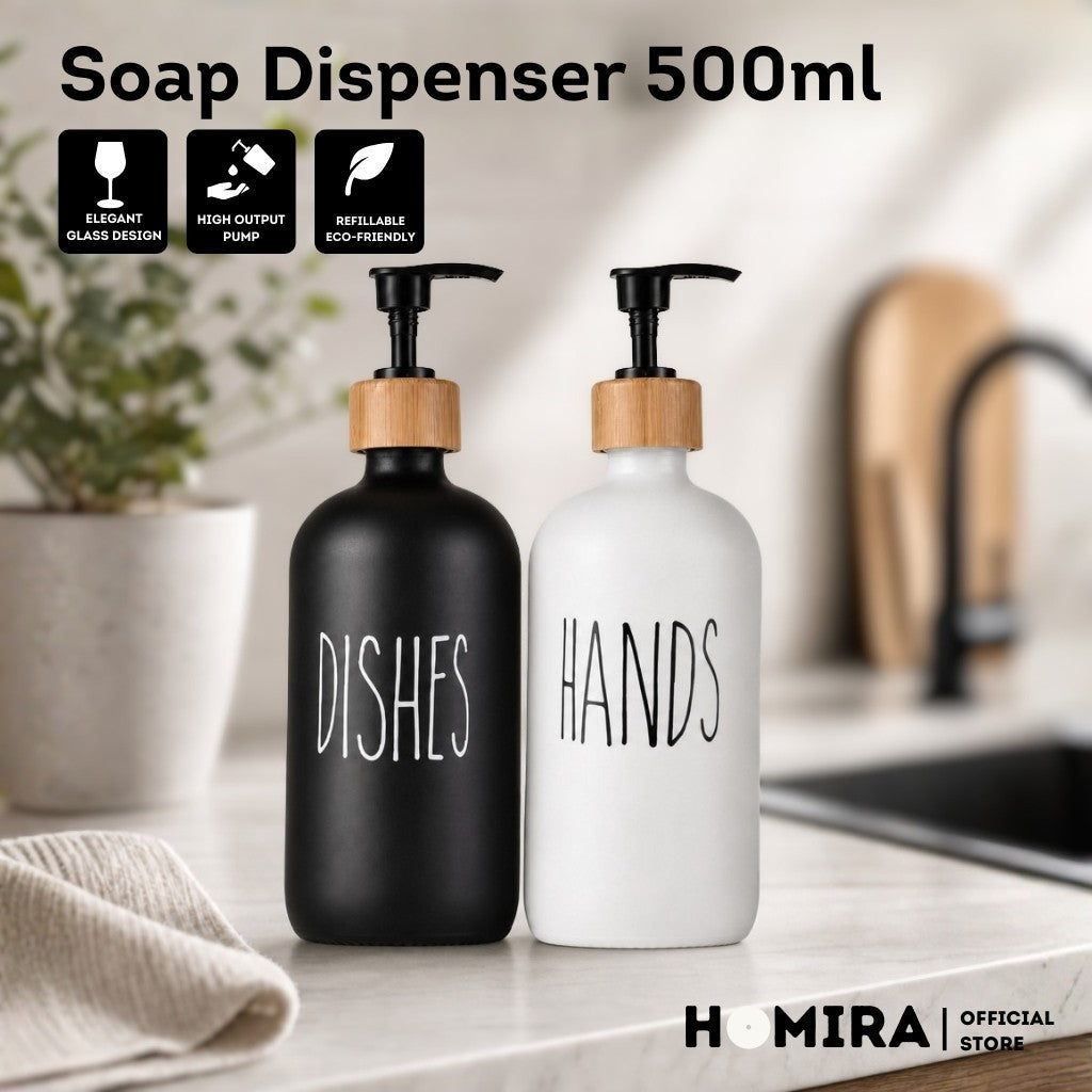 HOMIRA Refillable Glass Hand Soap & Dish Soap Dispenser with Bamboo Collar - 500ml