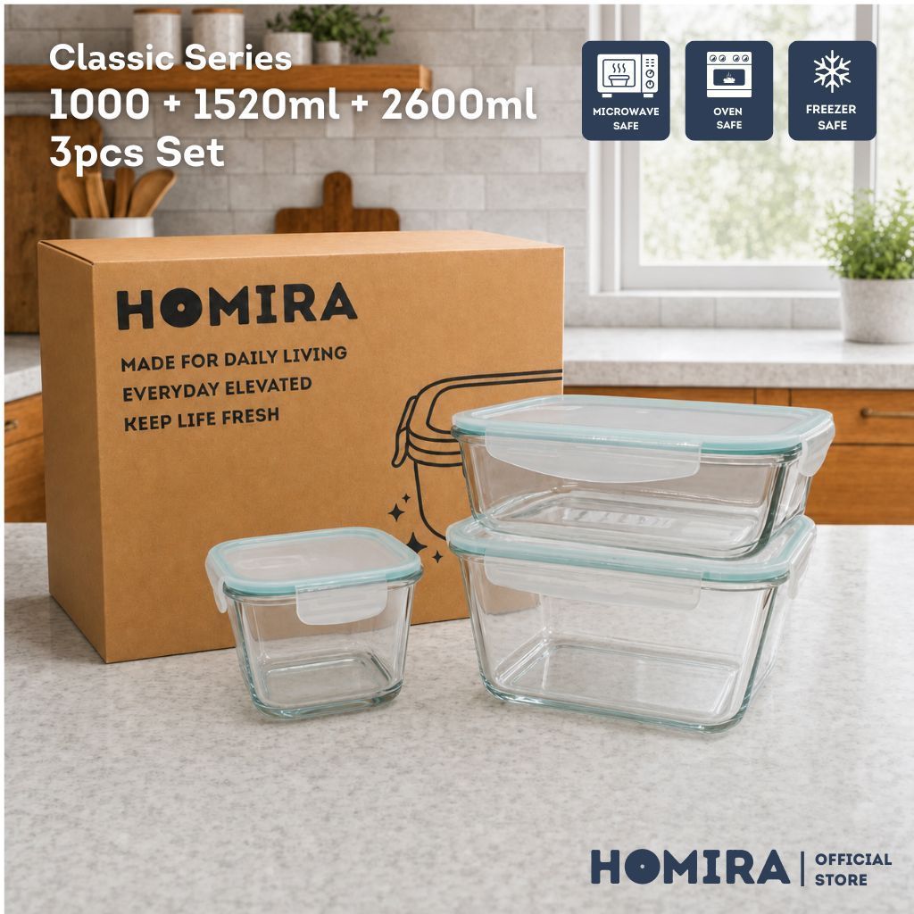 HOMIRA Classic Series Borosilicate Glass Food Container 3Pcs Set (1000ml/1520ml/2600ml)