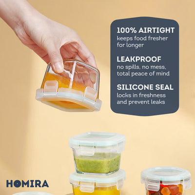 HOMIRA Classic Series Mini Borosilicate Glass Food Container Airtight Leakproof Food Container (Set of 4/6/10)