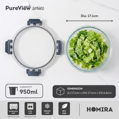 HOMIRA PureView Series Borosilicate Glass Food Container (370ml-2600ml)