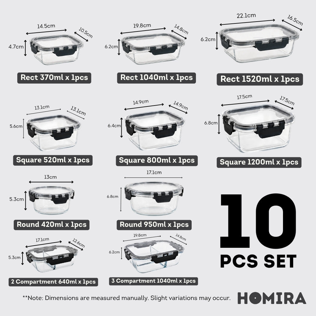 HOMIRA PureView Series Borosilicate Glass Food Container [10PCS Set]