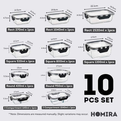 HOMIRA PureView Series Borosilicate Glass Food Container [10PCS Set]