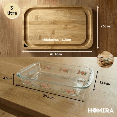 Homira Bakeware Glass Tray with Wooden Lid Display Set Baking Tray - 1L 1.6L 2.2L 3L
