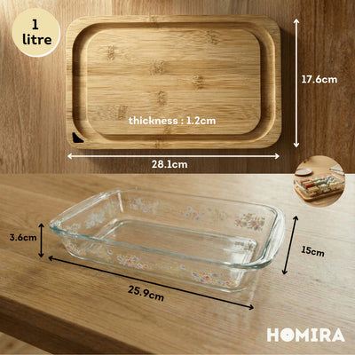 Homira Bakeware Glass Tray with Wooden Lid Display Set Baking Tray - 1L 1.6L 2.2L 3L