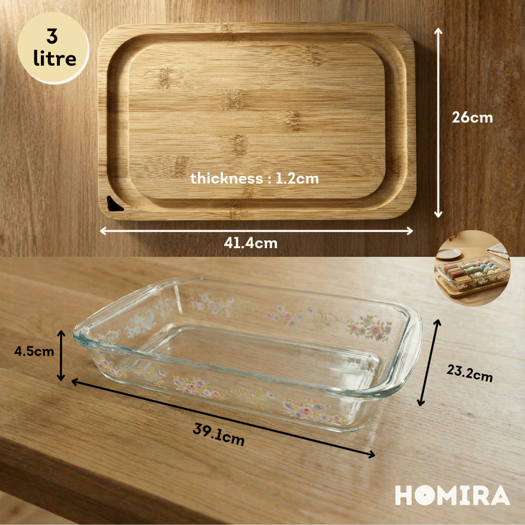 Homira Bakeware Glass Tray with Wooden Lid Display Set Baking Tray - 1L 1.6L 2.2L 3L