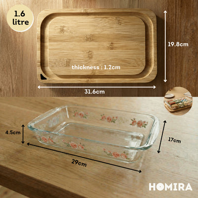 Homira Bakeware Glass Tray with Wooden Lid Display Set Baking Tray - 1L 1.6L 2.2L 3L
