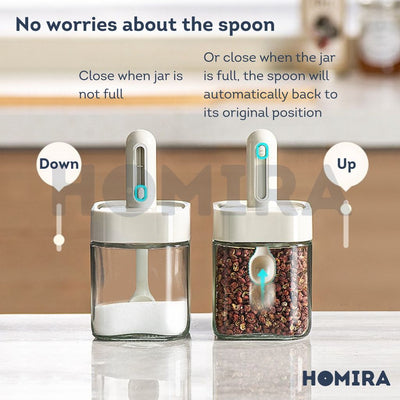 Homira Kitchen Square Glass Condiment Jar with Inner Spoon