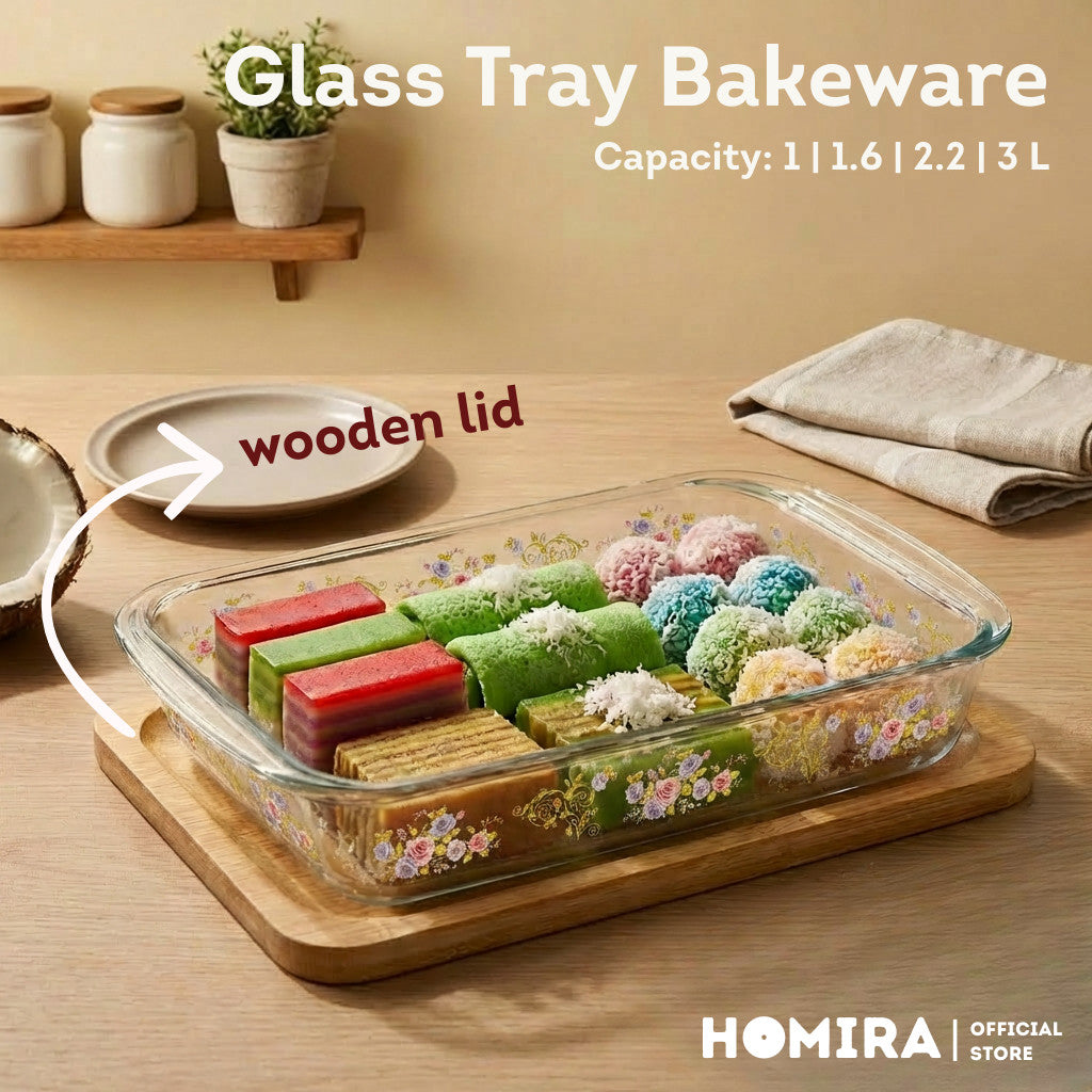 Homira Bakeware Glass Tray with Wooden Lid Display Set Baking Tray - 1L 1.6L 2.2L 3L