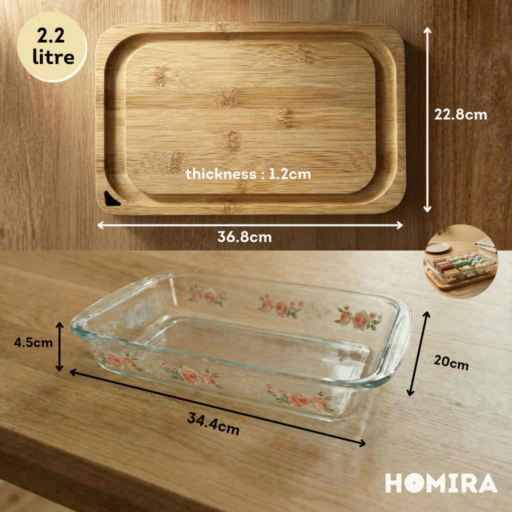 Homira Bakeware Glass Tray with Wooden Lid Display Set Baking Tray - 1L 1.6L 2.2L 3L