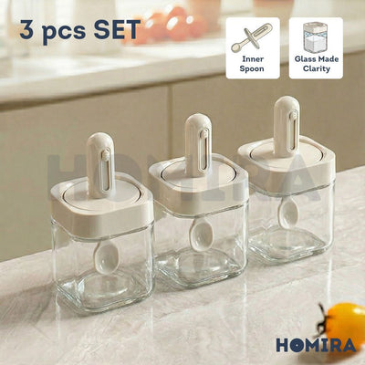 Homira Kitchen Square Glass Condiment Jar with Inner Spoon